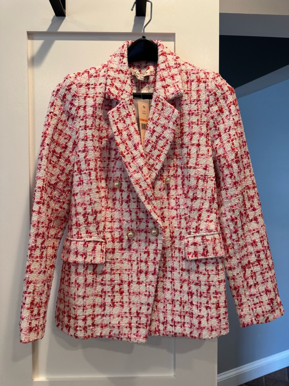 Nanette Lepore Women’s Pink & White Tweed Double-Breasted Blazer Jacket NWT